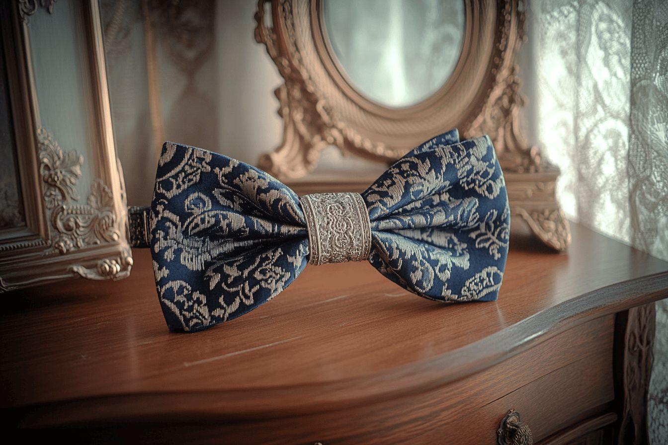 Nœud papillon en tissu jacquard aux motifs texturés posé sur un costume