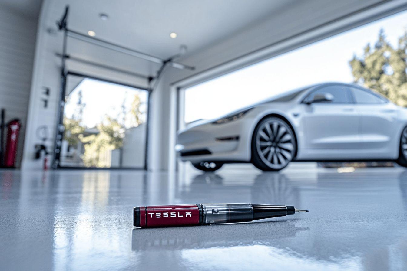 Stylo de retouche peinture appliqué sur la carrosserie d'une Tesla