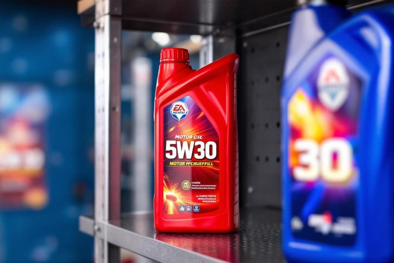 Bidon d'huile moteur 5W30 et entonnoir près d'un moteur essence ouvert
