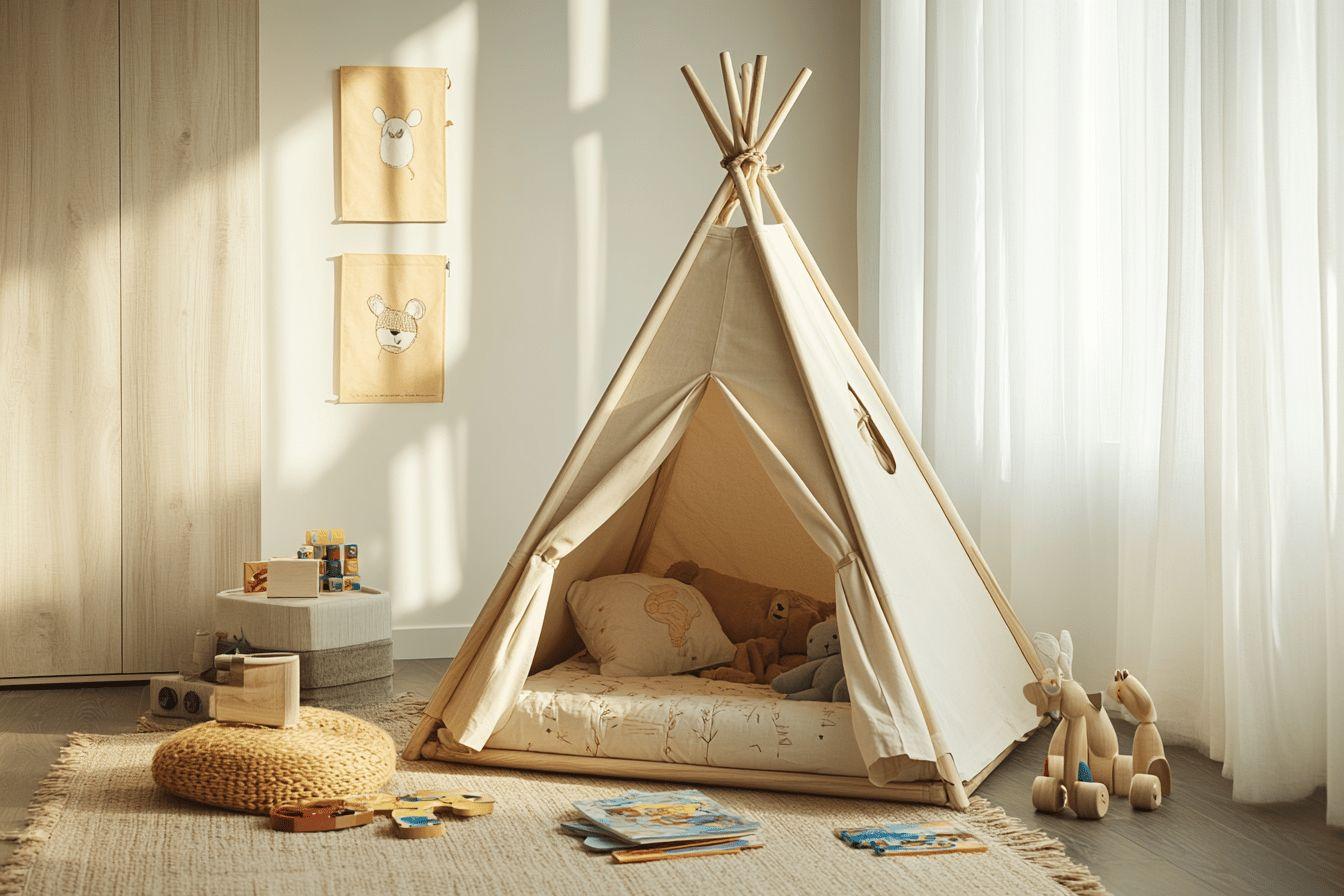 Lit tipi Montessori en bois naturel posé au sol dans une chambre d'enfant