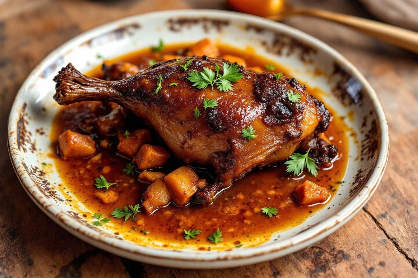 Cuisses de confit de canard dorées effilochées dans une recette créative