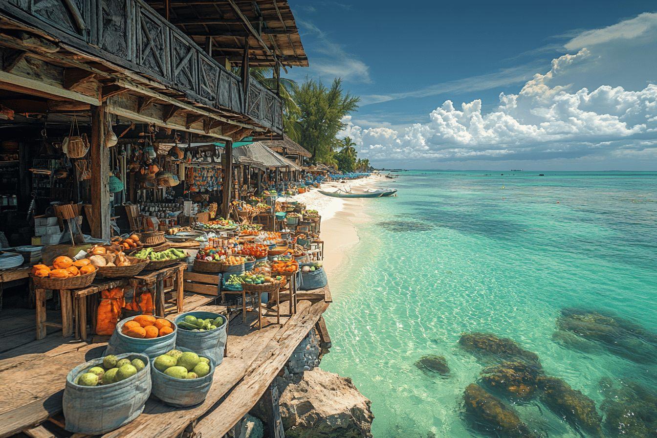 Voiliers dhows traditionnels au coucher du soleil sur une plage de Zanzibar