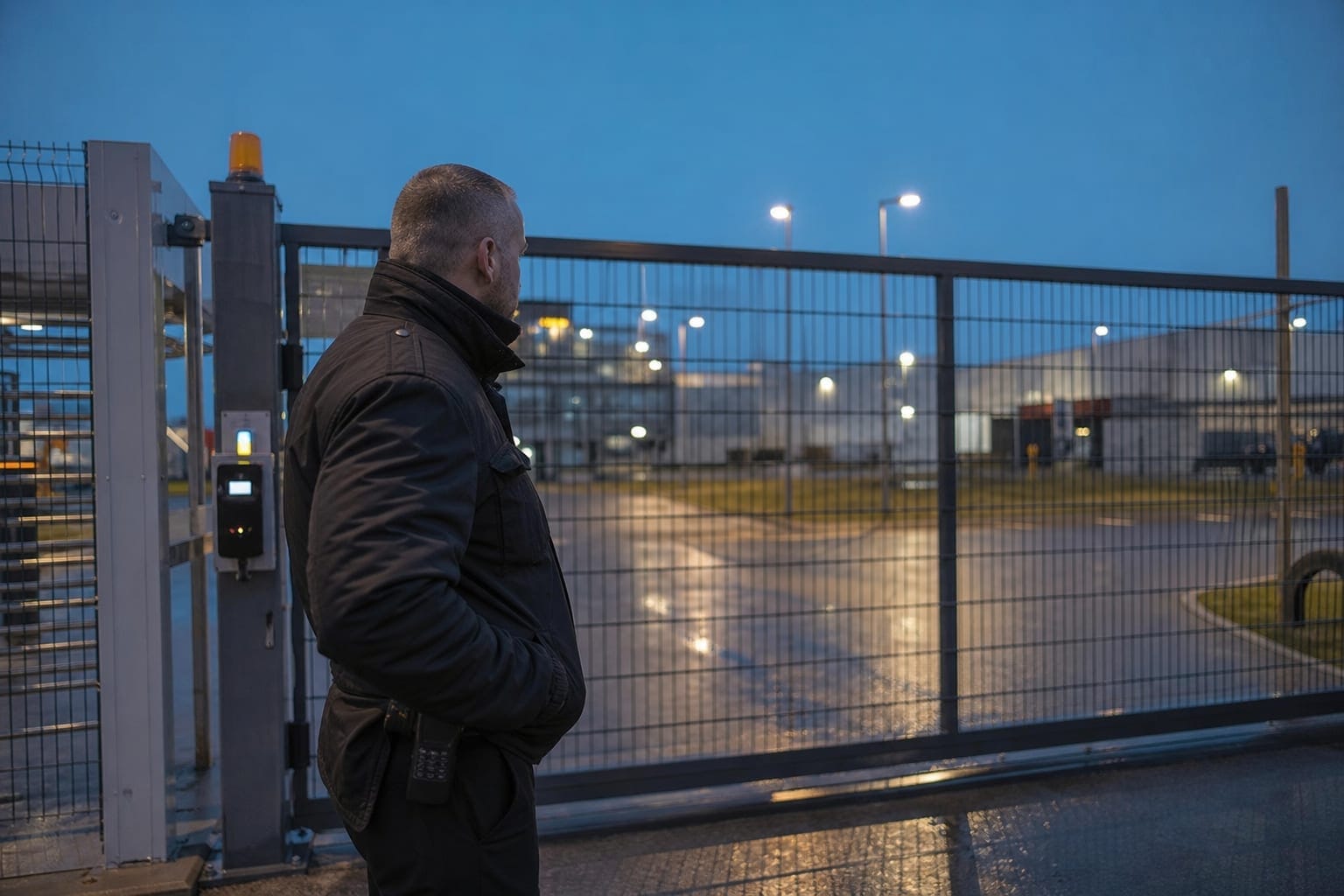 Agent de sécurité en veste sombre avec talkie-walkie devant le portail à badge d'un site industriel éclairé, à la tombée de la nuit