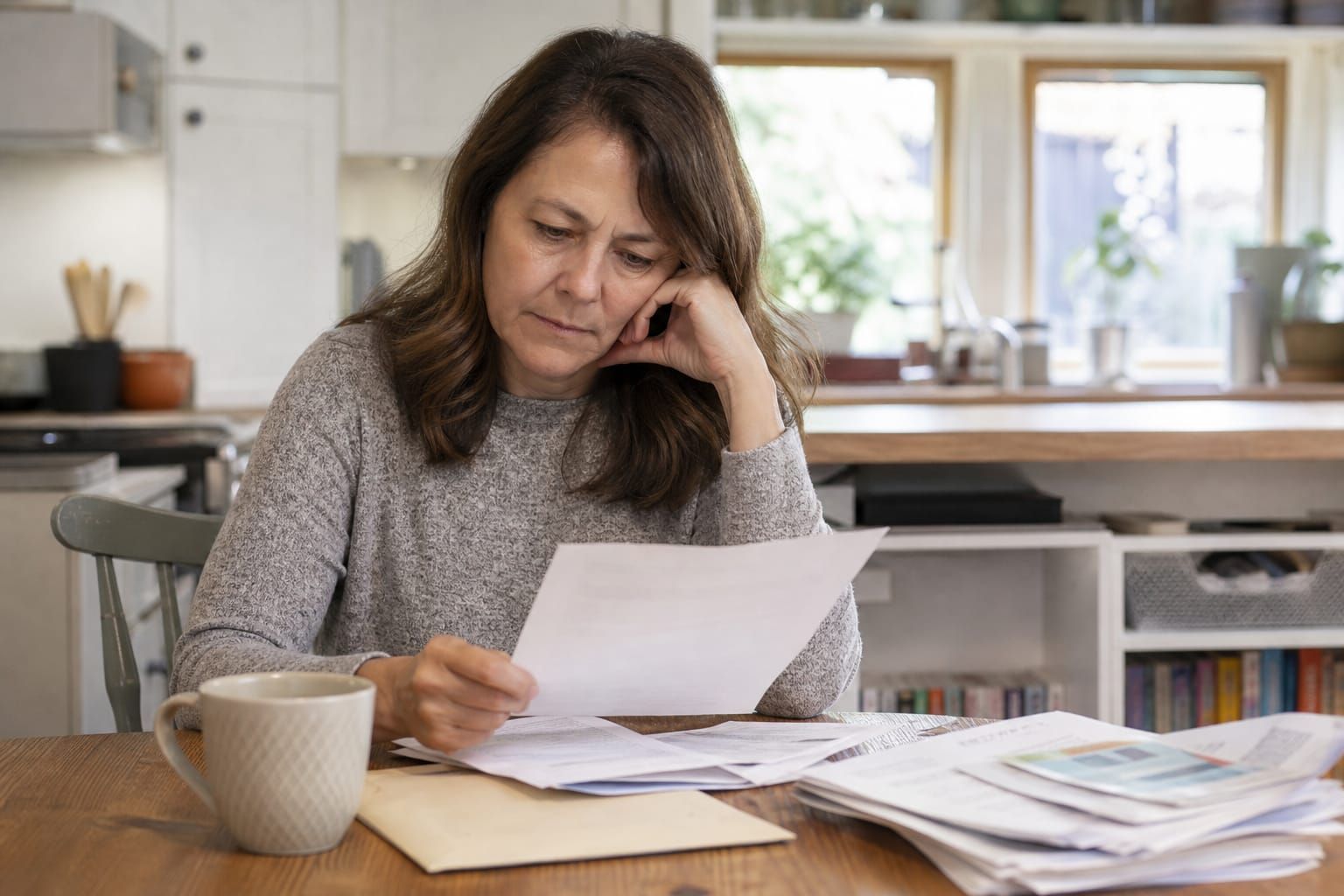 Personne assise à une table de cuisine en train d'examiner un courrier d'assurance et des documents médicaux