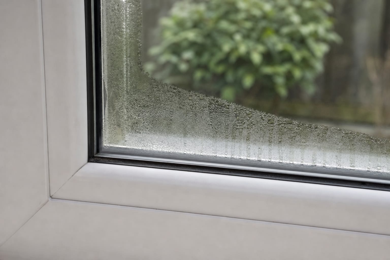 Gros plan sur une fenêtre PVC blanche dont le double vitrage présente de la condensation et des gouttelettes piégées entre les deux vitres