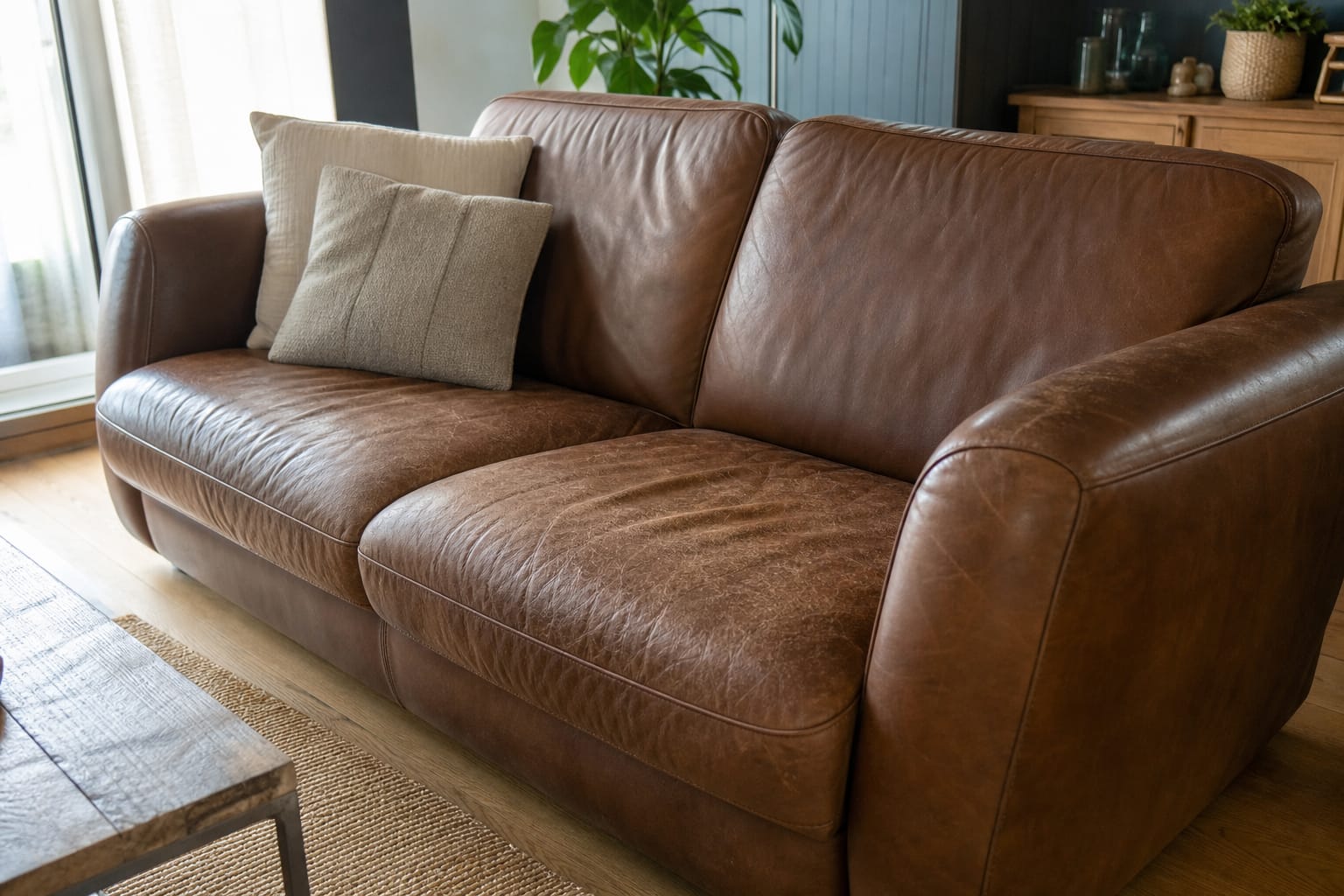 Canapé en cuir avec une assise légèrement craquelée, posé dans un salon lumineux