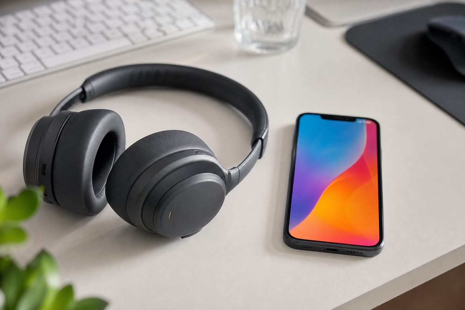 Casque audio sans fil posé sur un bureau à côté d'un smartphone affichant les paramètres Bluetooth