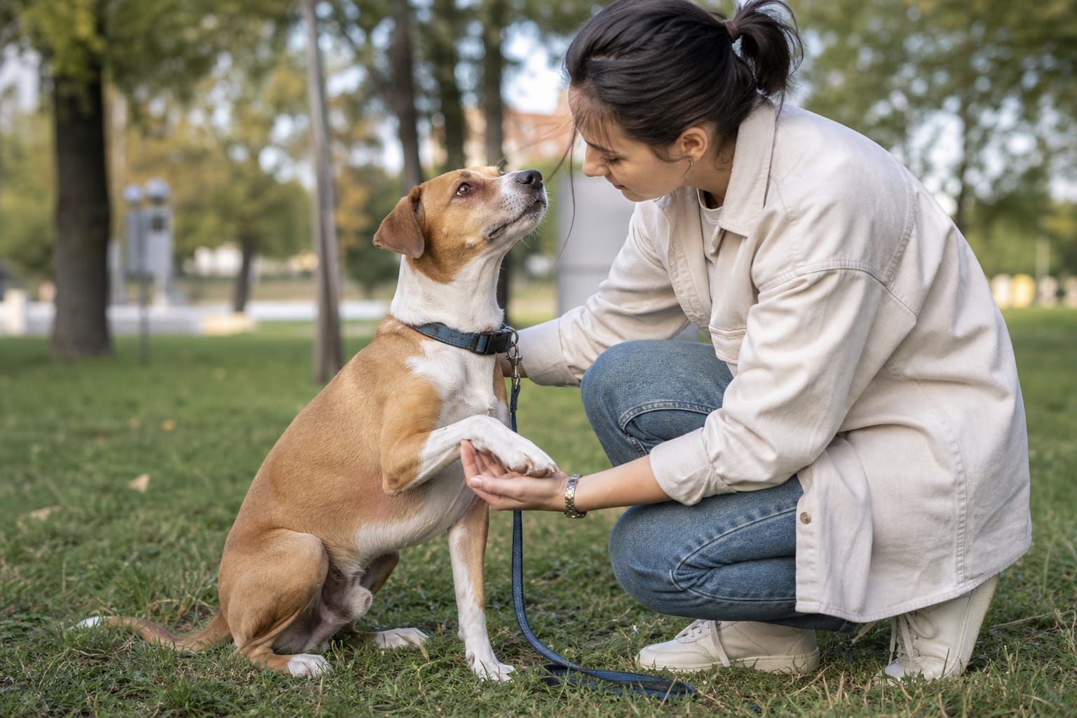 Chien assis dans un parc qui lève légèrement une patte avant, propriétaire accroupi en train de l'examiner