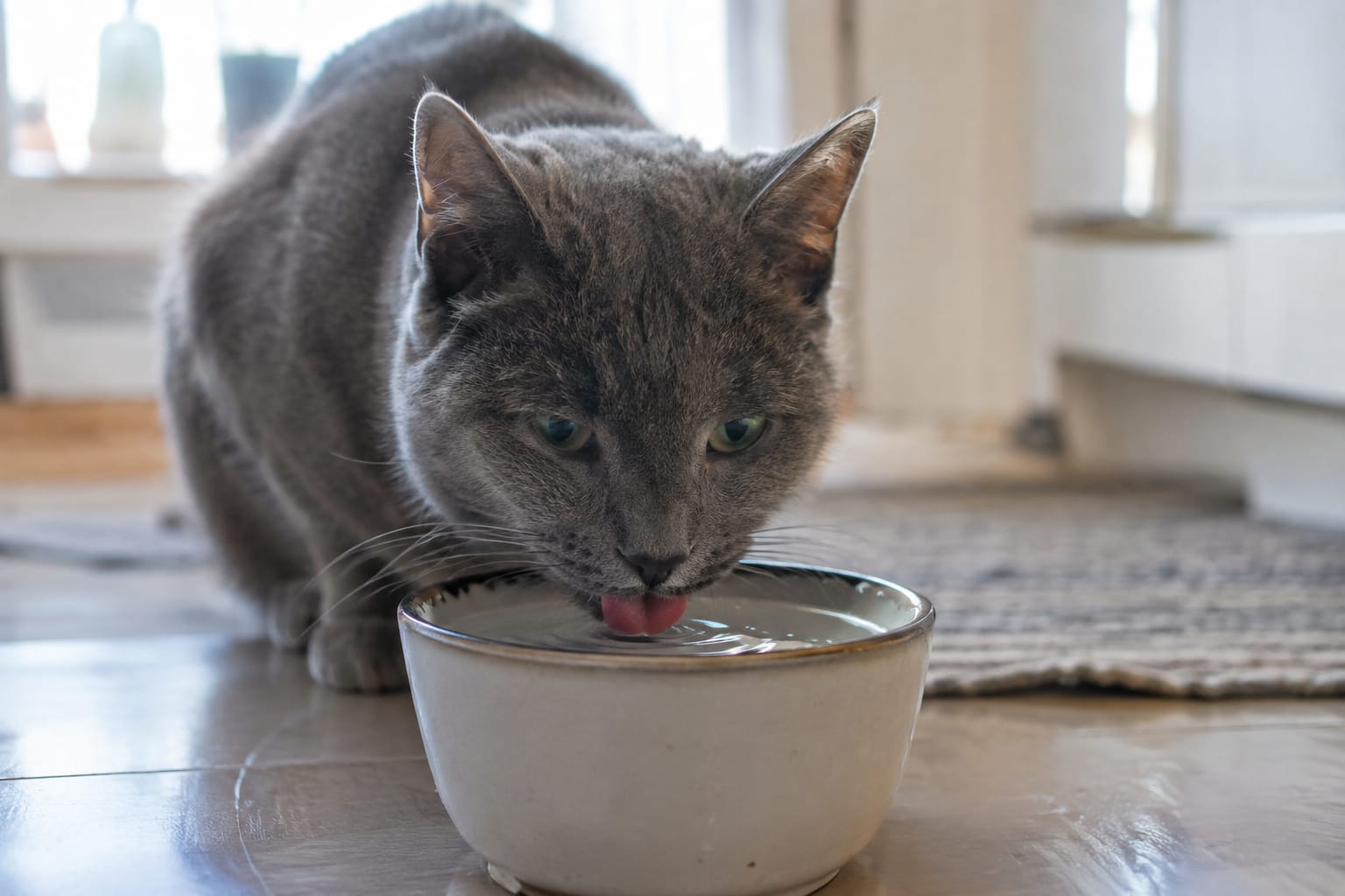Chat gris adulte buvant de l'eau dans un bol en céramique posé sur le sol d'une cuisine lumineuse