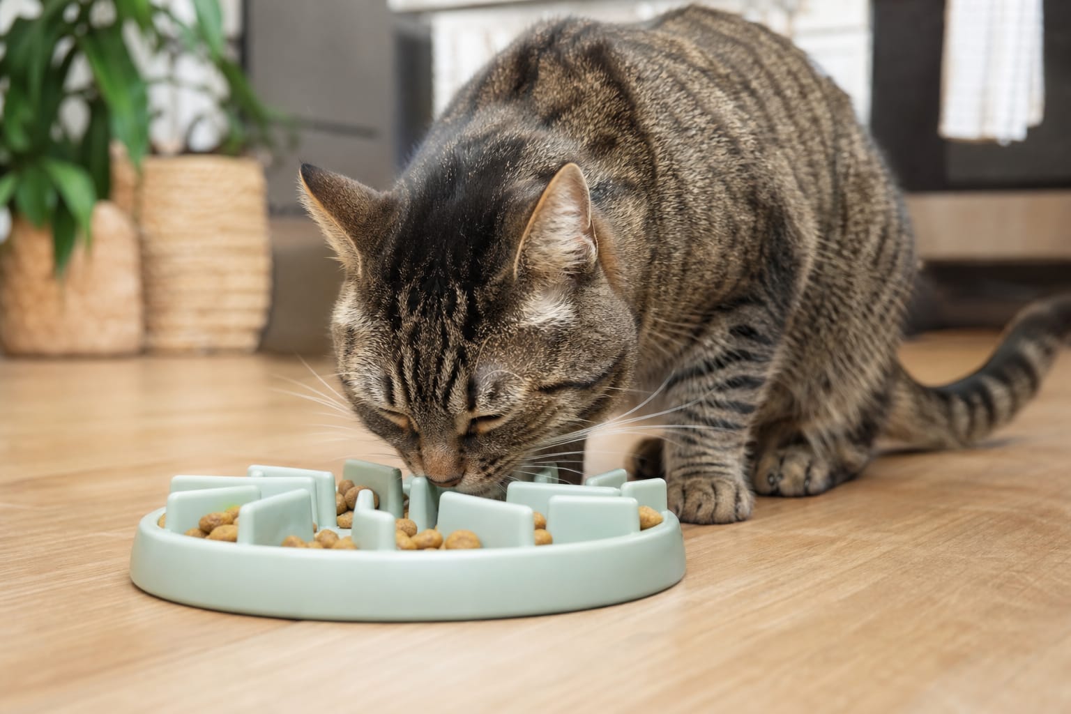 Chat tigré mangeant des croquettes dans une gamelle anti-glouton à motifs posée sur un parquet clair