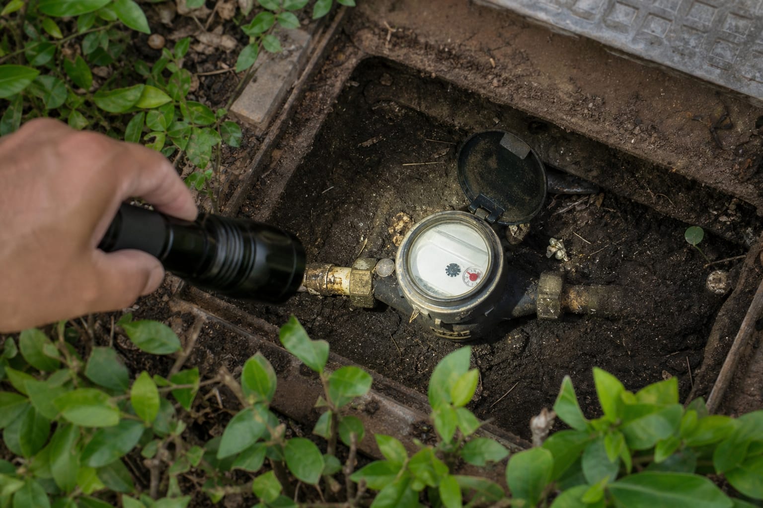 Main tenant une lampe torche au-dessus d'un compteur d'eau installé dans un regard enterré au milieu de la végétation d'un jardin