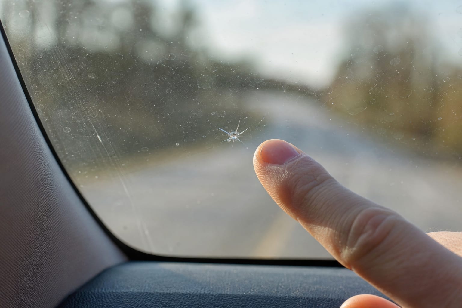 Doigt montrant un petit impact en forme d'étoile sur un pare-brise de voiture, avec la route floue en arrière-plan