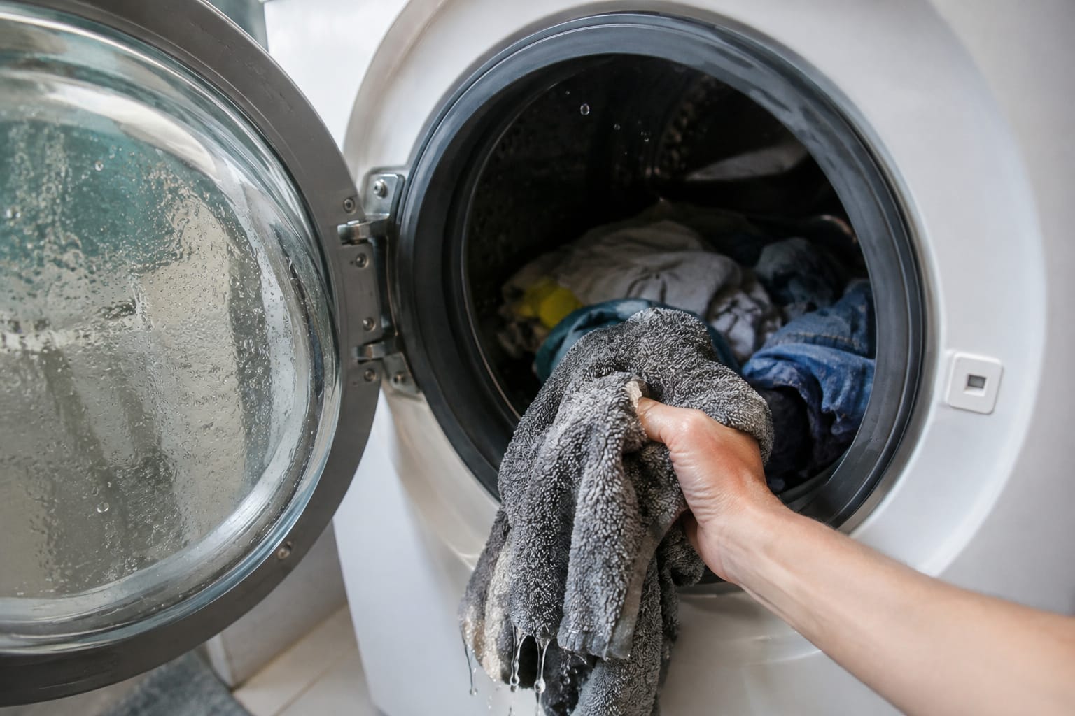 Main sortant une serviette grise dégoulinante d'eau du tambour d'un lave-linge à hublot ouvert