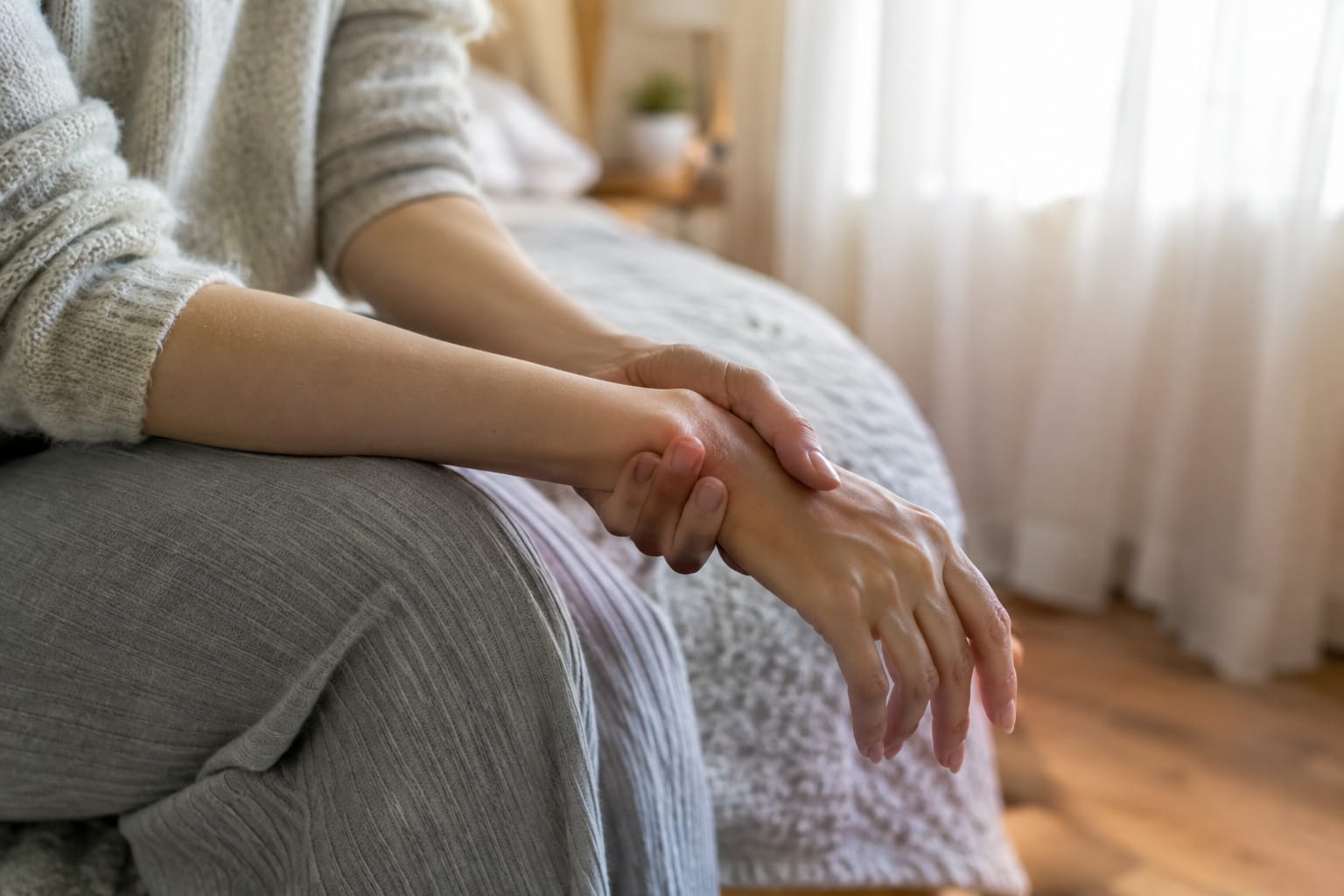 Personne assise au bord d'un lit le matin, massant doucement son poignet et sa main dans une lumière douce