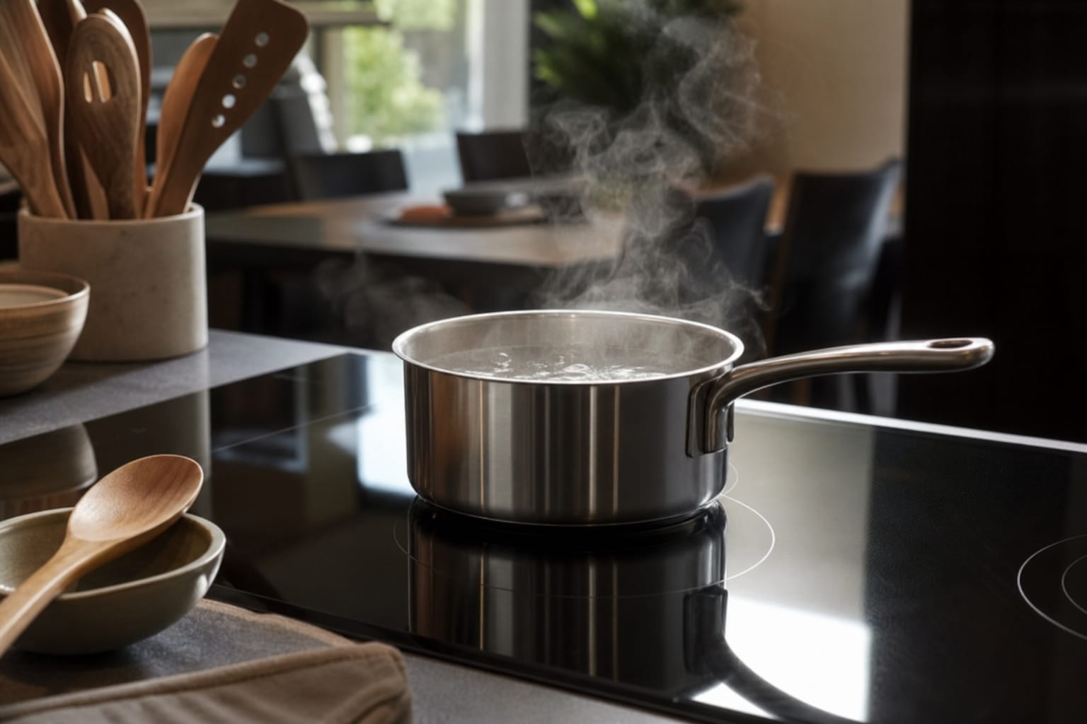 Casserole en inox où frémit de l'eau sur une table de cuisson à induction noire, dans une cuisine éclairée par la lumière naturelle